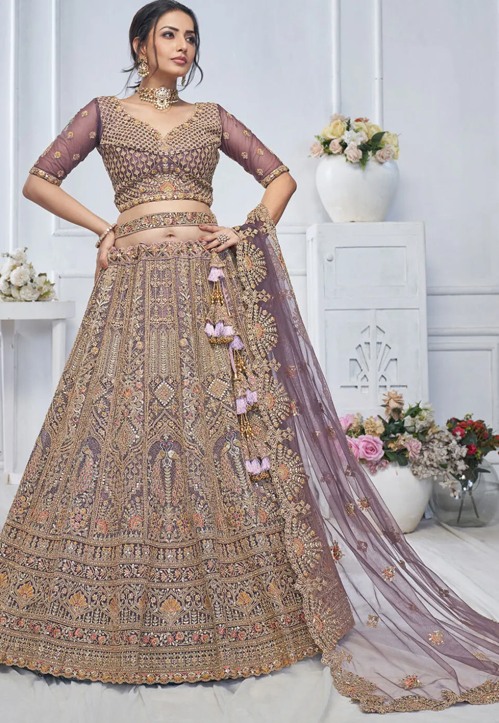 Embroidered Net Lehenga in Dusty Purple