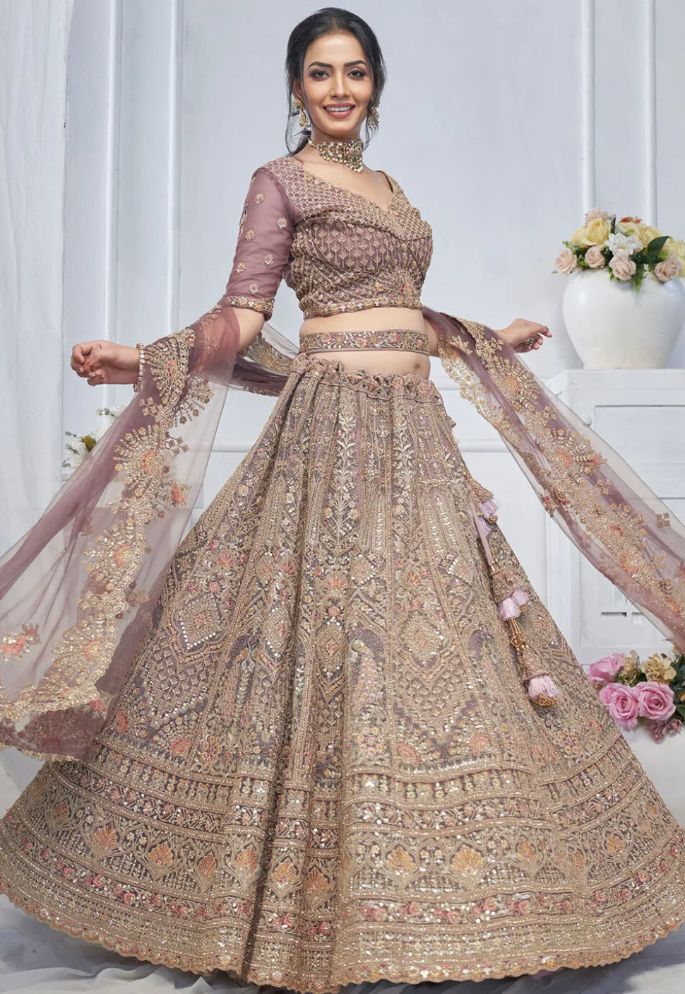 Embroidered Net Lehenga in Dusty Purple