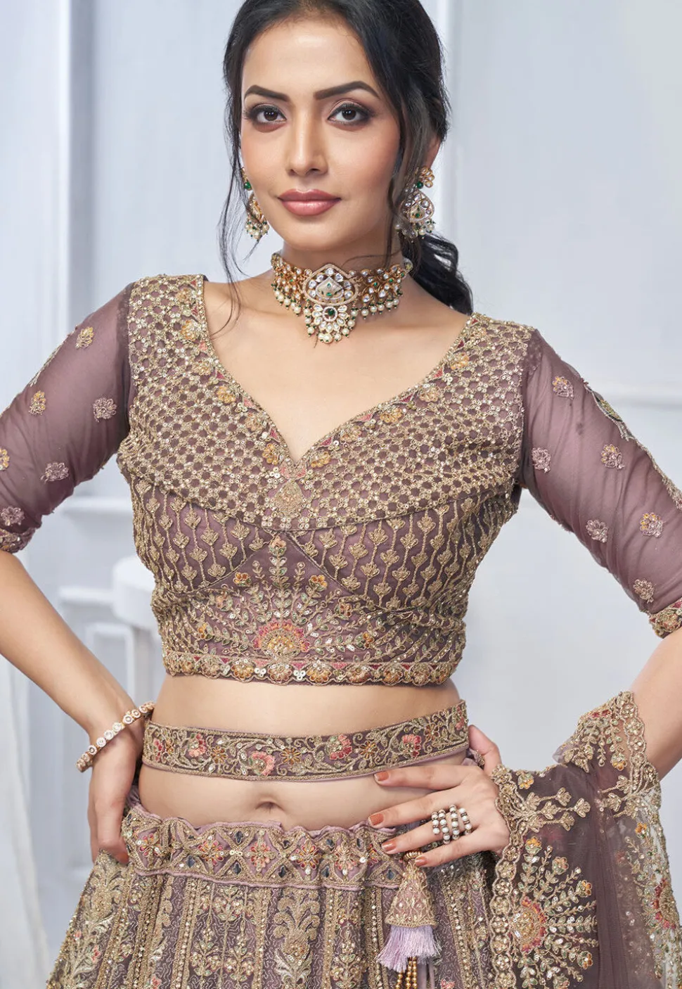 Embroidered Net Lehenga in Dusty Purple