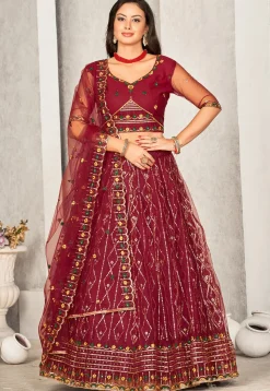 Embroidered Net Lehenga in Maroon