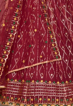 Embroidered Net Lehenga in Maroon