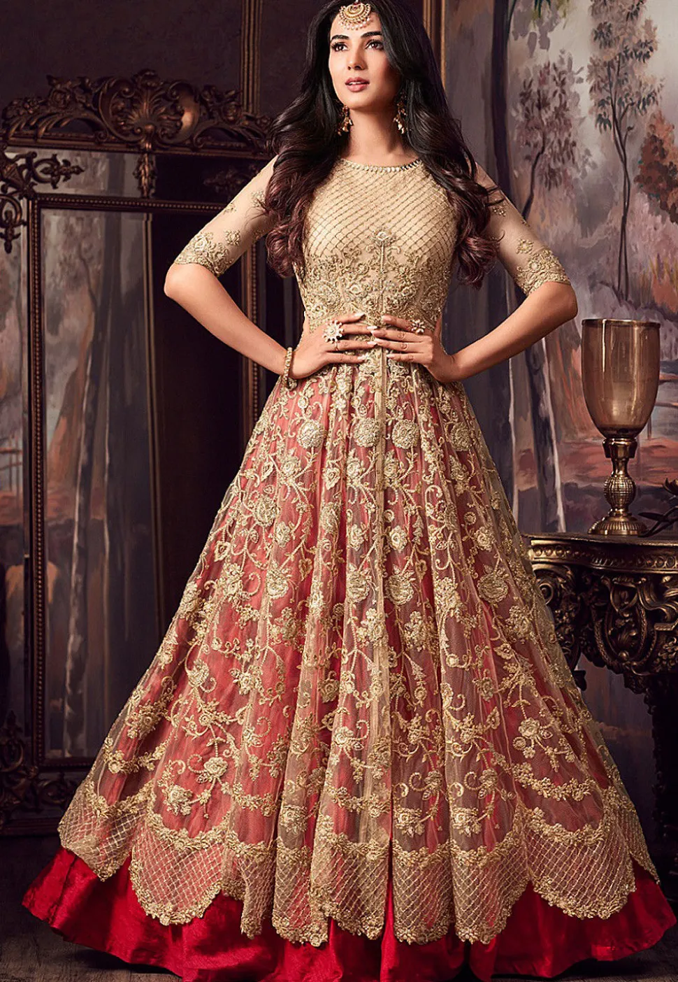 Embroidered Net Lehenga in Beige and Red