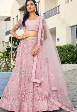 Embroidered Net Lehenga in Light Pink