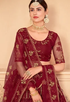 Embroidered Net Lehenga in Maroon