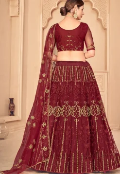 Embroidered Net Lehenga in Maroon
