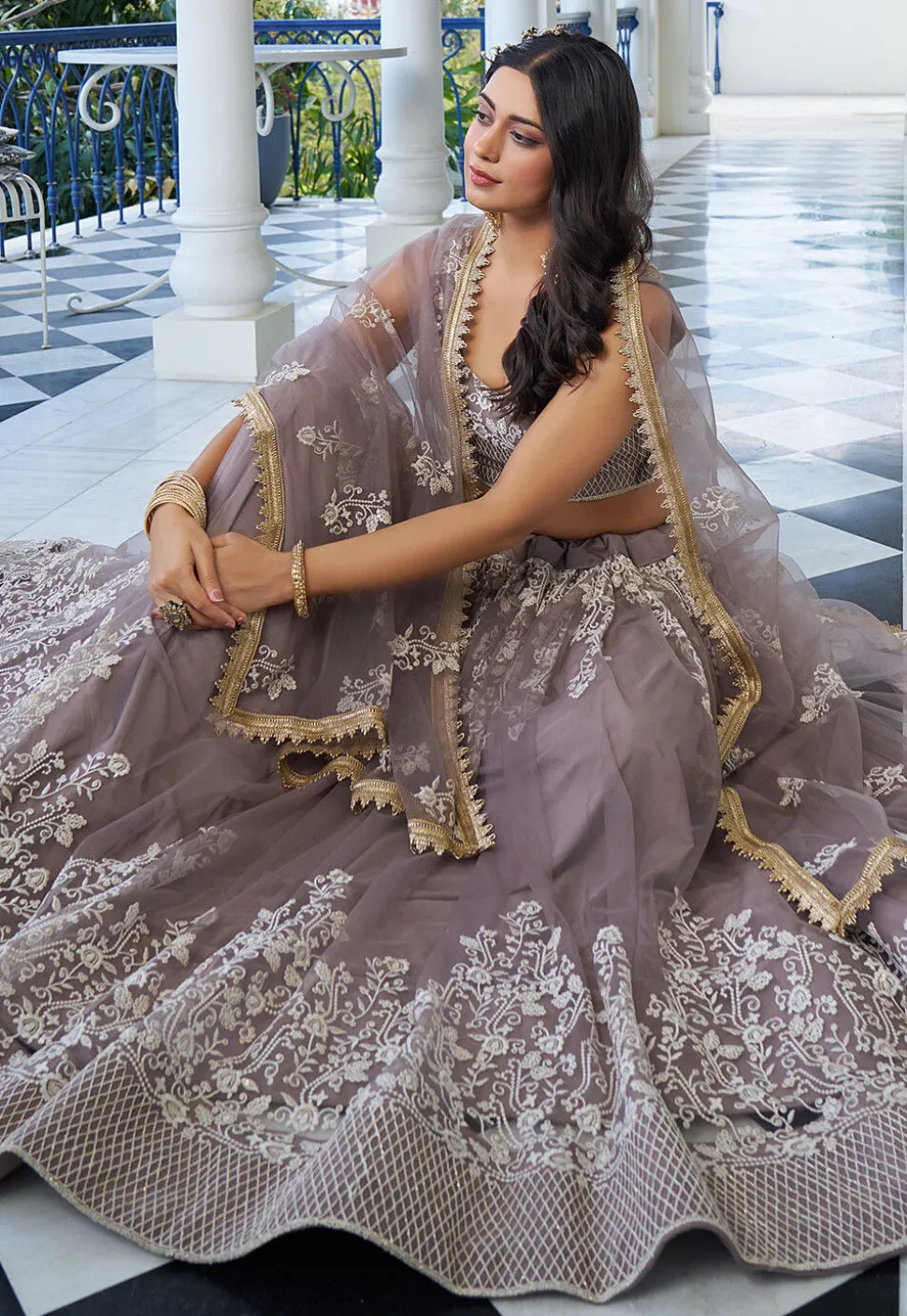 Embroidered Net Lehenga in Fawn