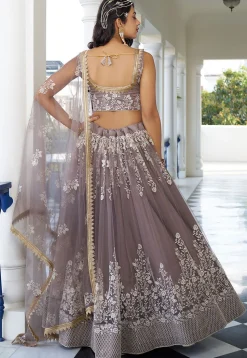 Embroidered Net Lehenga in Fawn