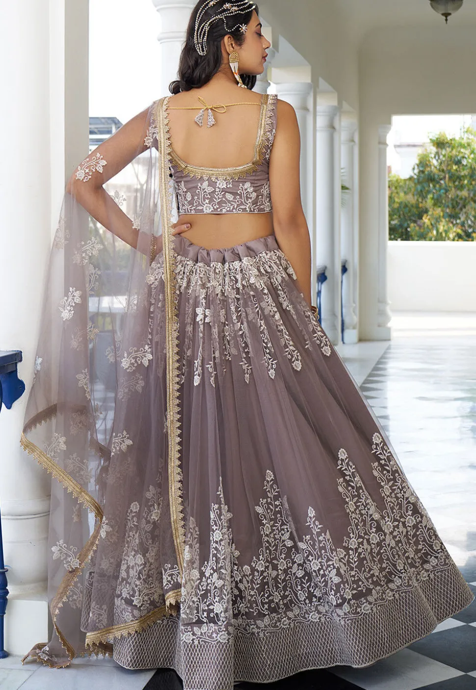 Embroidered Net Lehenga in Fawn