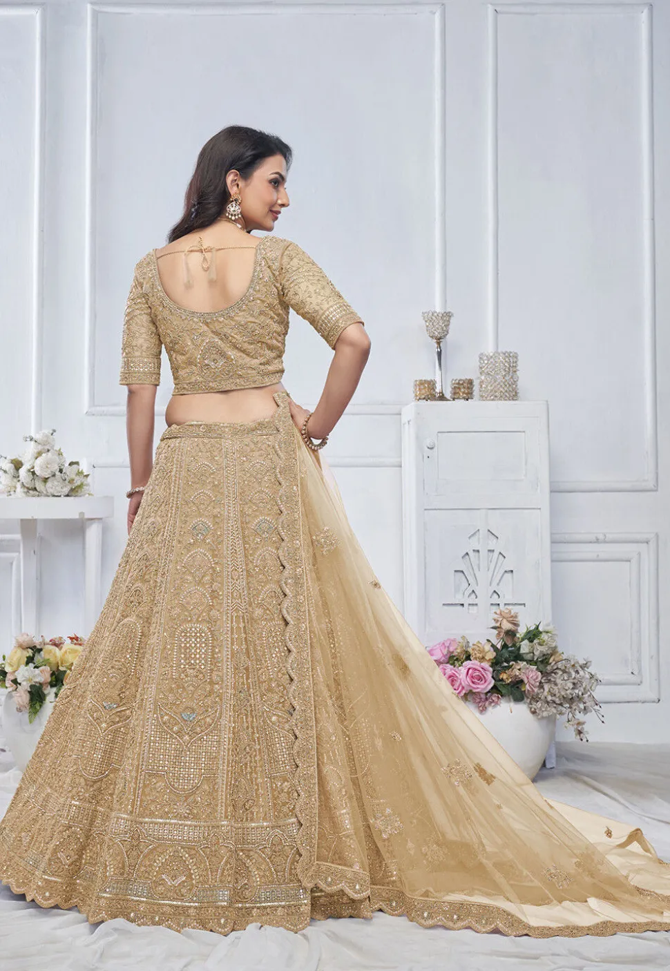 Embroidered Net Lehenga in Beige