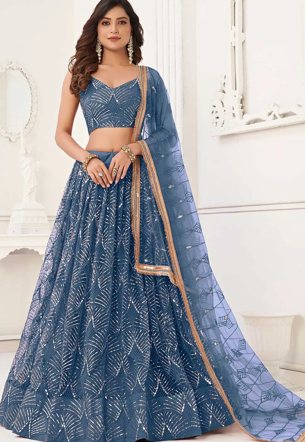 Embroidered Net Lehenga in Blue