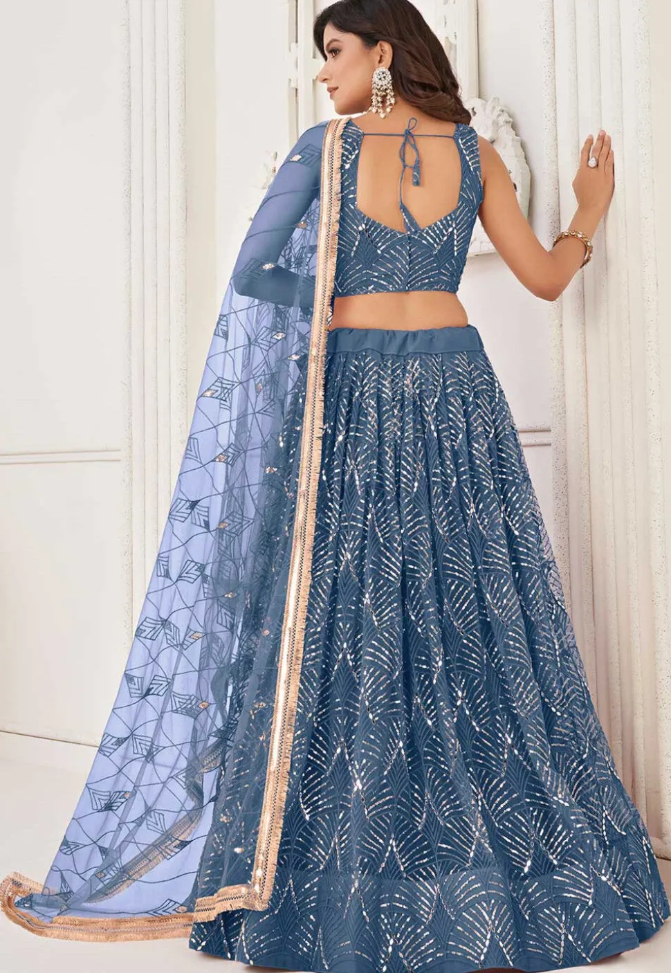 Embroidered Net Lehenga in Blue