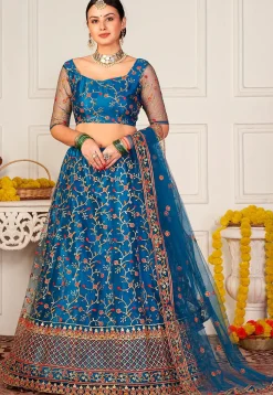 Embroidered Net Lehenga in Teal Blue