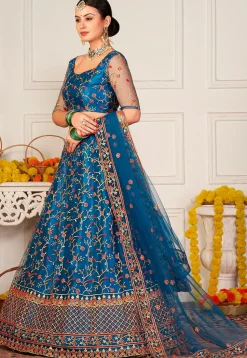 Embroidered Net Lehenga in Teal Blue