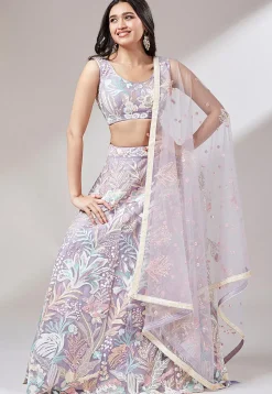 Embroidered Net Lehenga in Light Purple