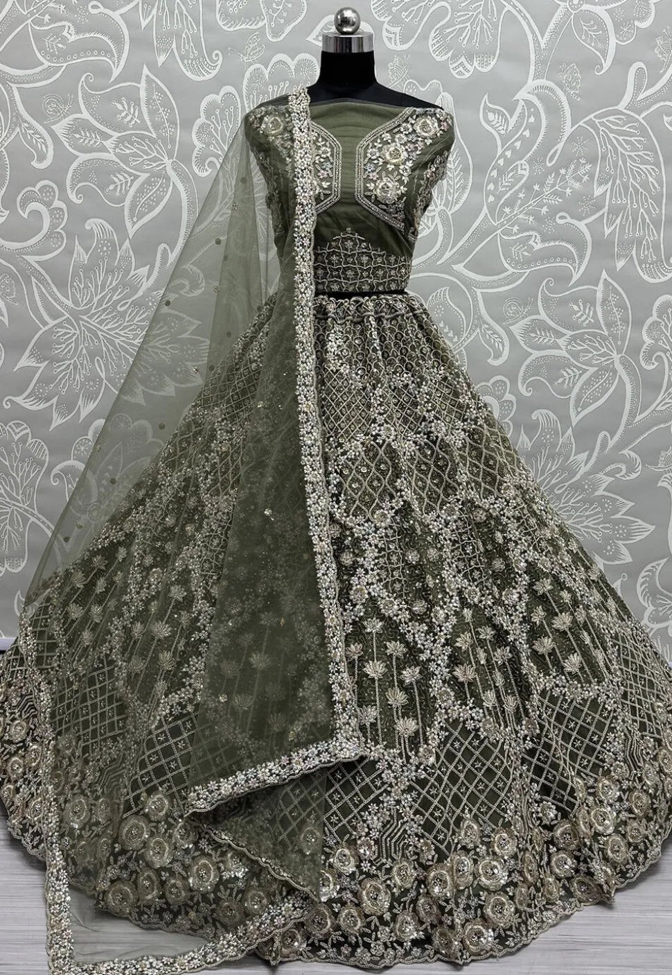 Embroidered Net Lehenga in Olive Green