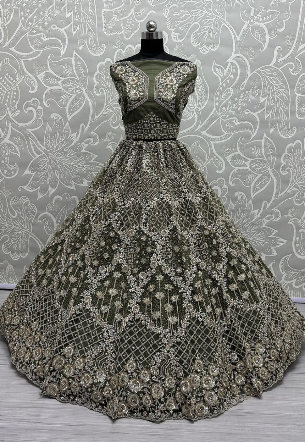 Embroidered Net Lehenga in Olive Green