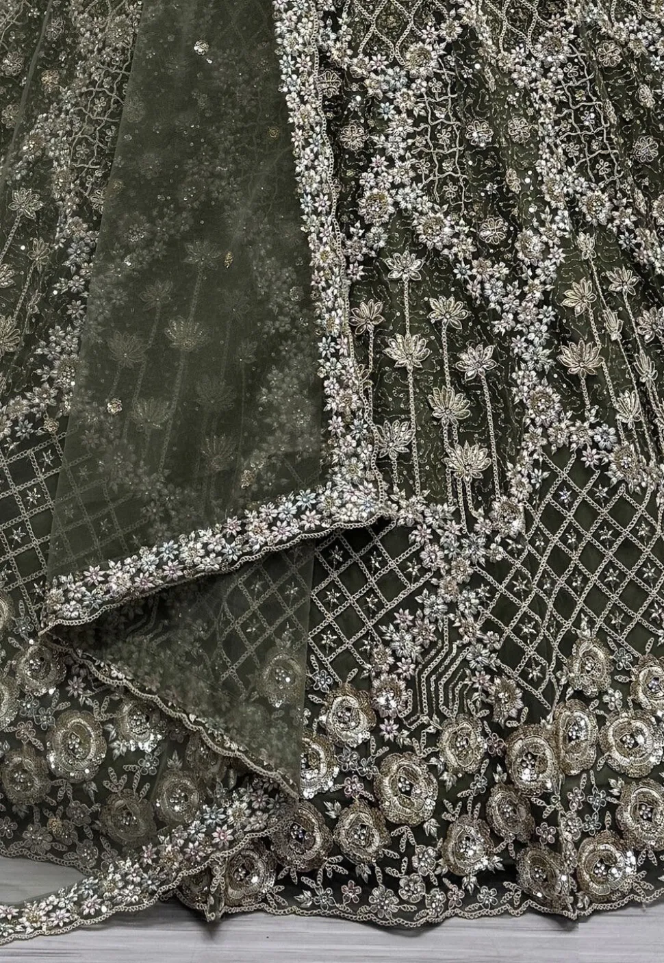 Embroidered Net Lehenga in Olive Green