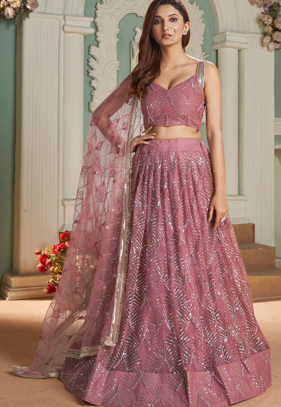 Embroidered Net Lehenga in Old Rose