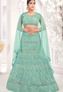 Embroidered Net Lehenga in Sea Green