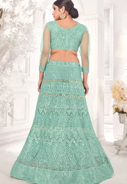 Embroidered Net Lehenga in Sea Green