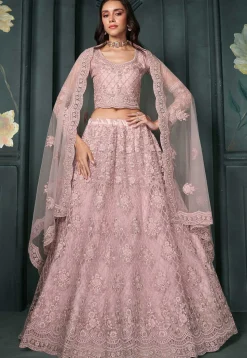 Embroidered Net Lehenga in Pink
