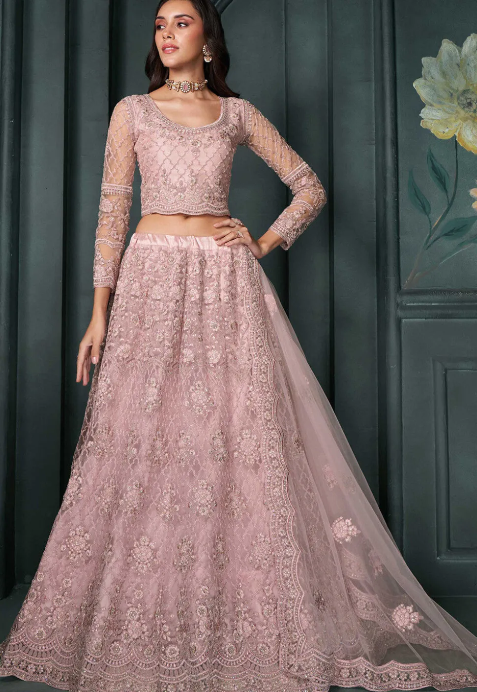 Embroidered Net Lehenga in Pink