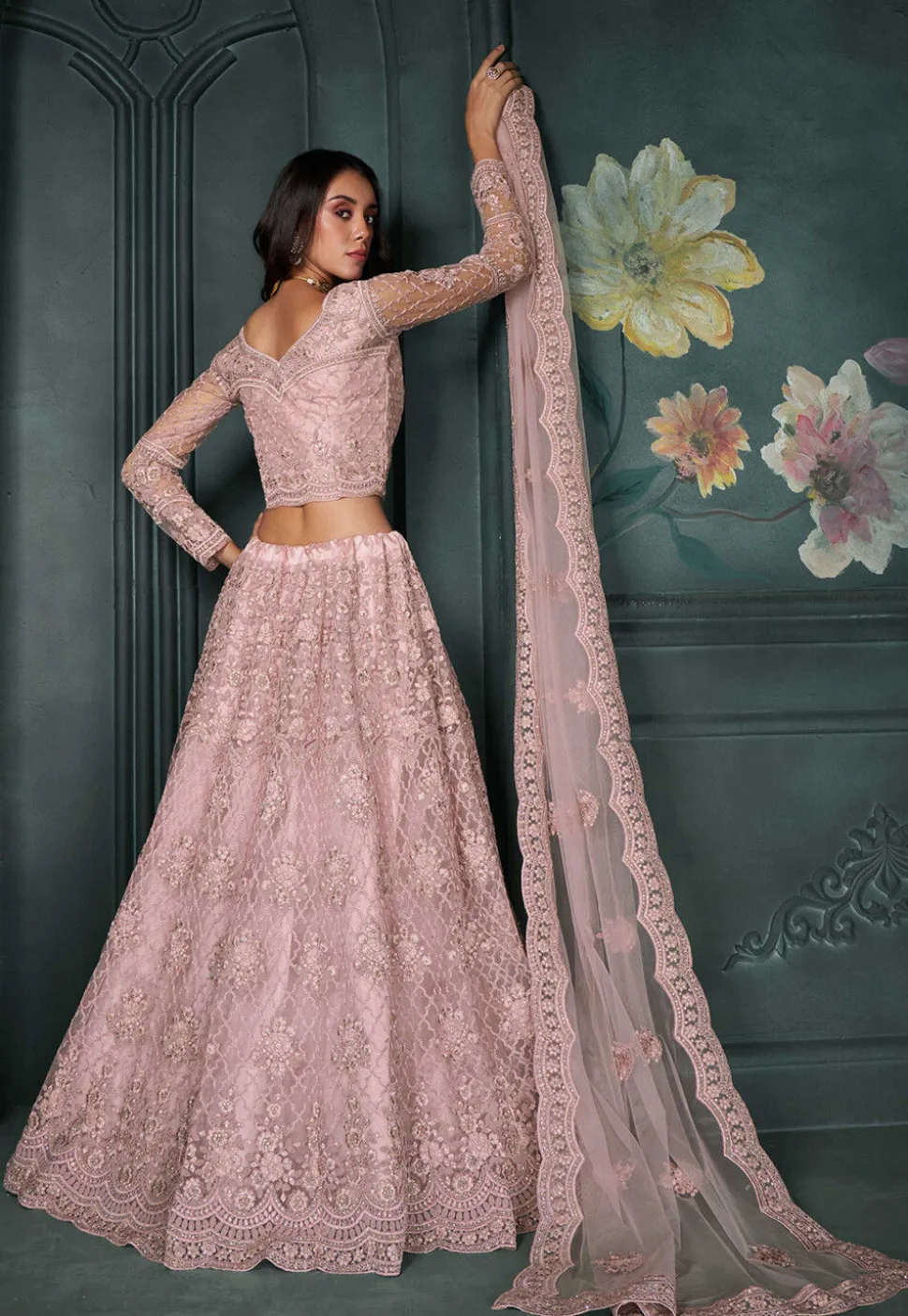 Embroidered Net Lehenga in Pink