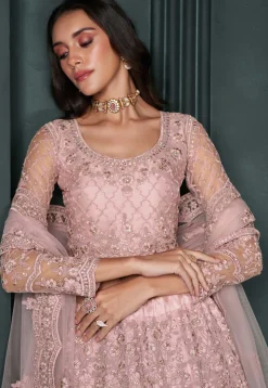 Embroidered Net Lehenga in Pink