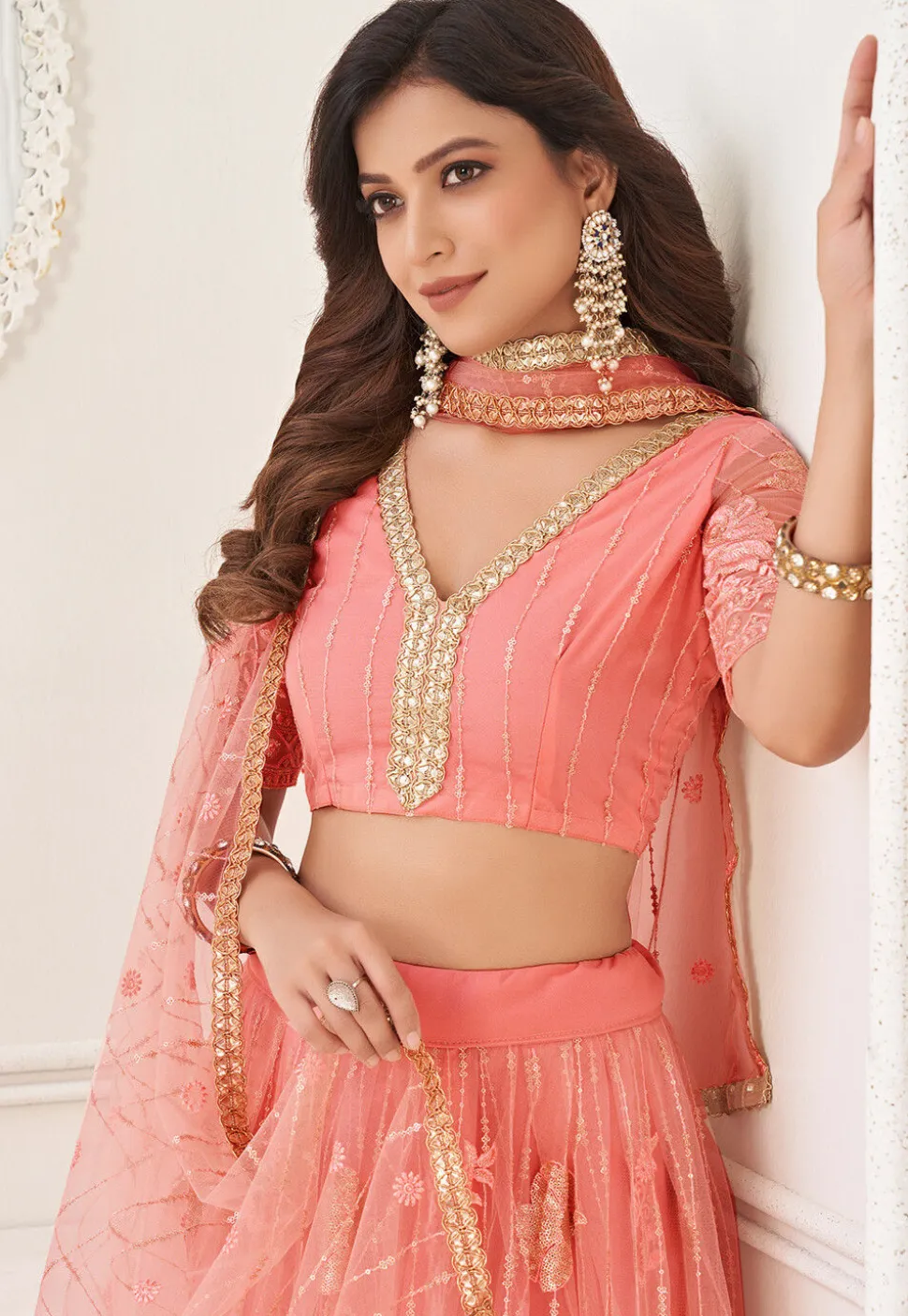 Embroidered Net Lehenga in Peach