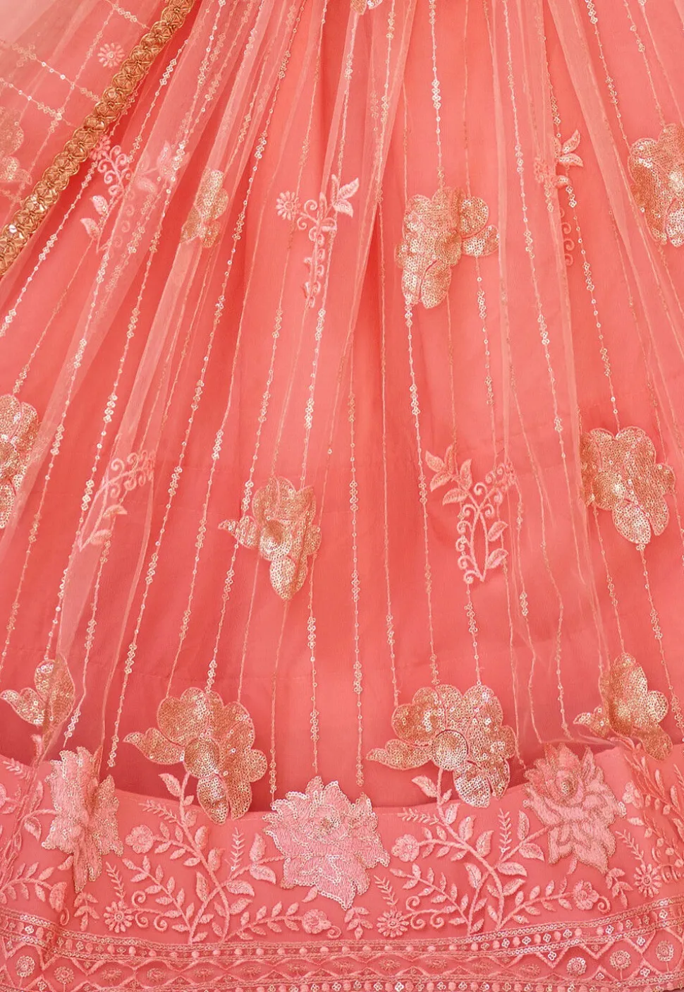Embroidered Net Lehenga in Peach