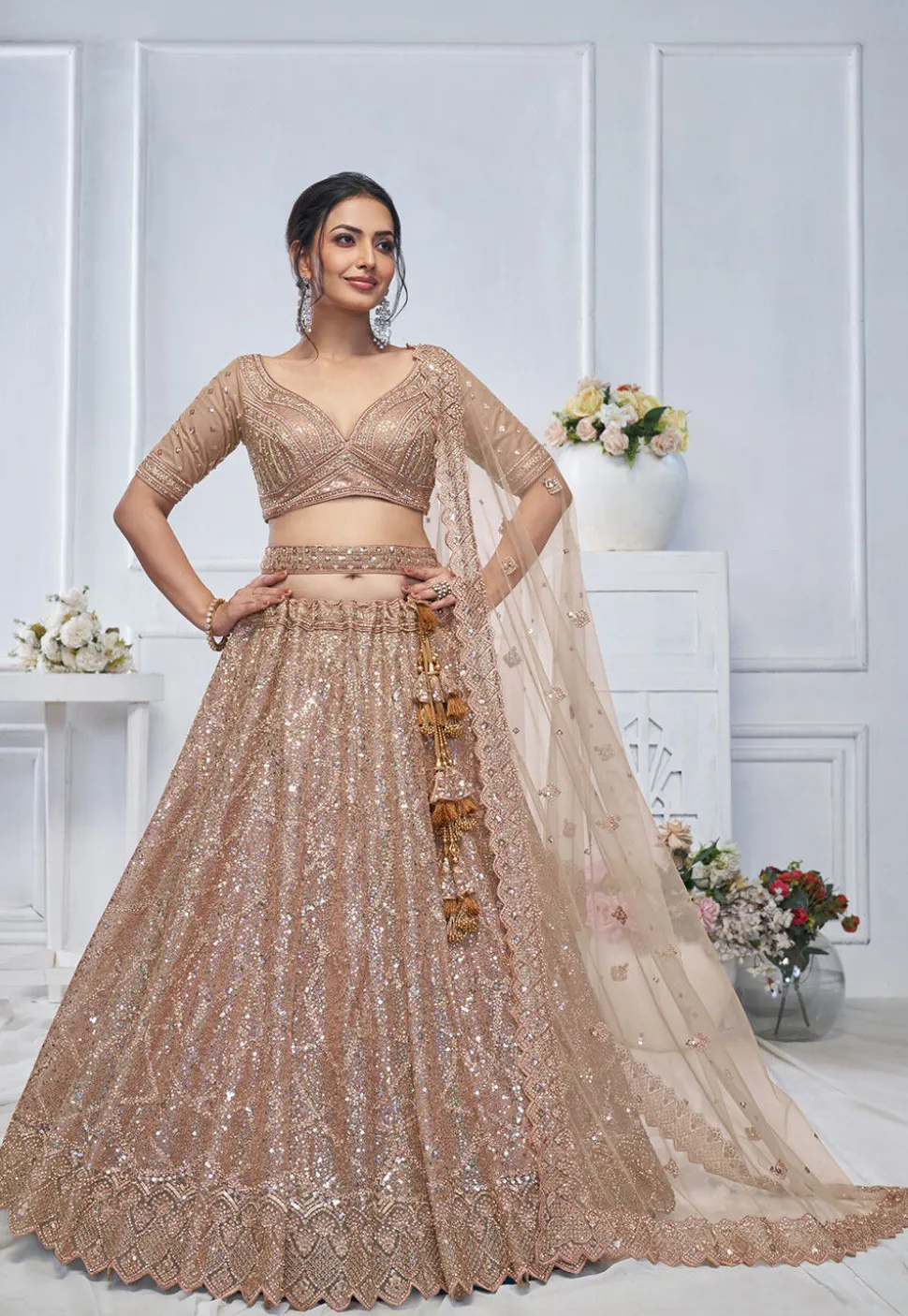 Embroidered Net Lehenga in Beige