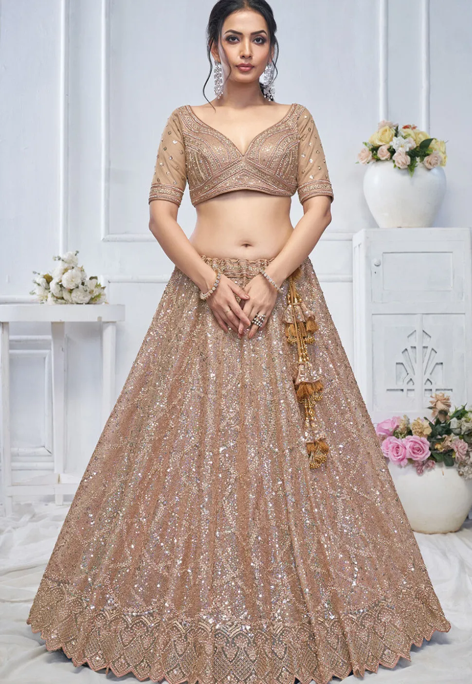 Embroidered Net Lehenga in Beige