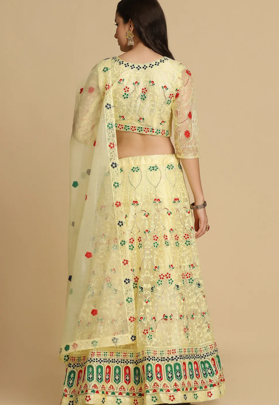 Embroidered Net Lehenga in Light Yellow