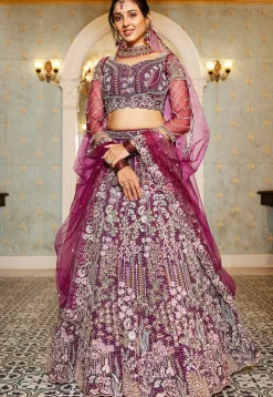 Embroidered Net Lehenga in Wine