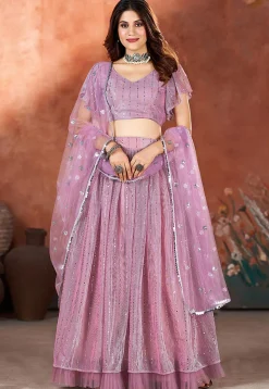 Embroidered Net Lehenga in Purple