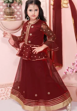 Embroidered Net Lehenga in Maroon