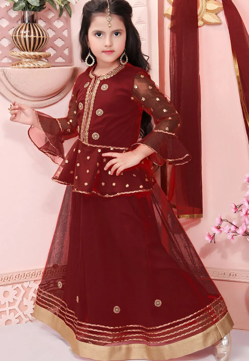 Embroidered Net Lehenga in Maroon