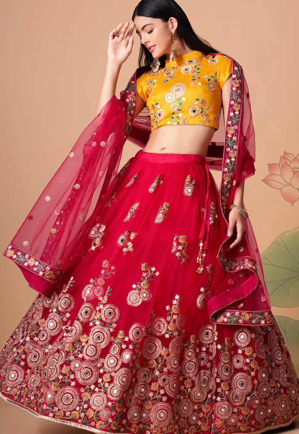 Embroidered Net Lehenga in Pink
