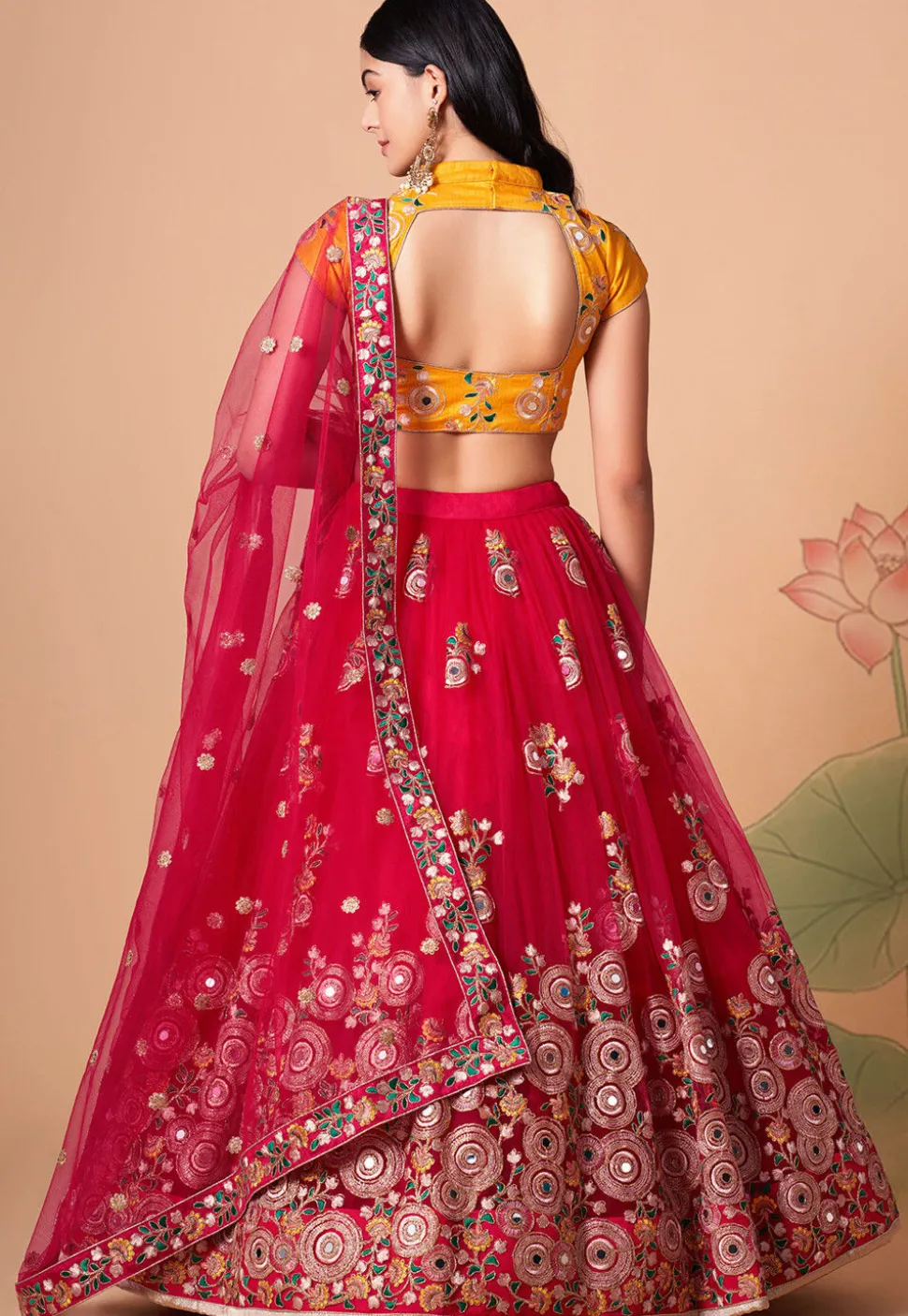 Embroidered Net Lehenga in Pink