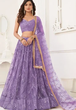 Embroidered Net Lehenga in Purple