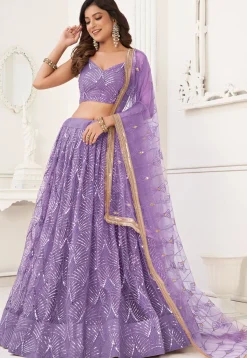 Embroidered Net Lehenga in Purple