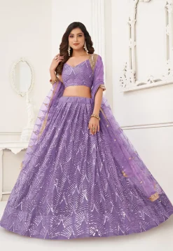 Embroidered Net Lehenga in Purple