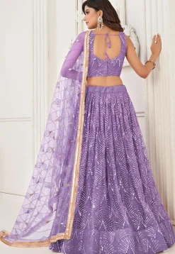 Embroidered Net Lehenga in Purple
