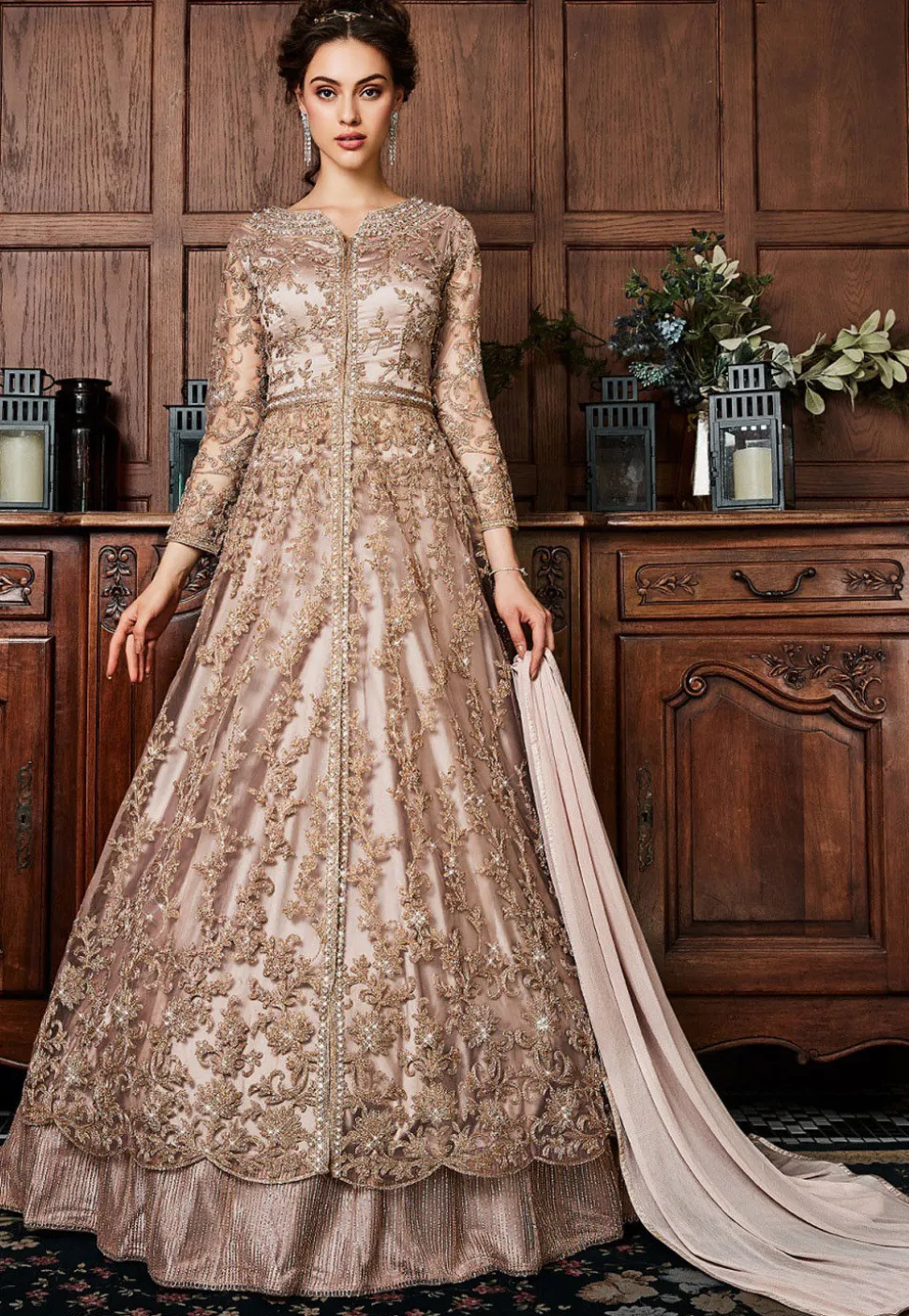 Embroidered Net Lehenga in Rose Gold