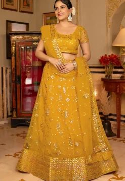 Embroidered Net Lehenga in Mustard