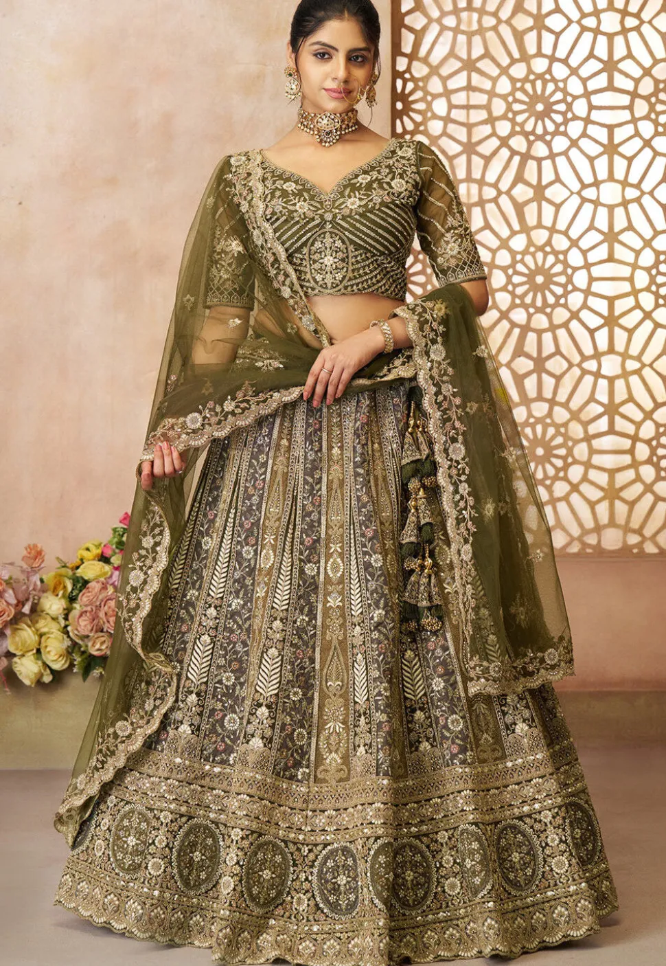 Embroidered Net Lehenga in Olive Green
