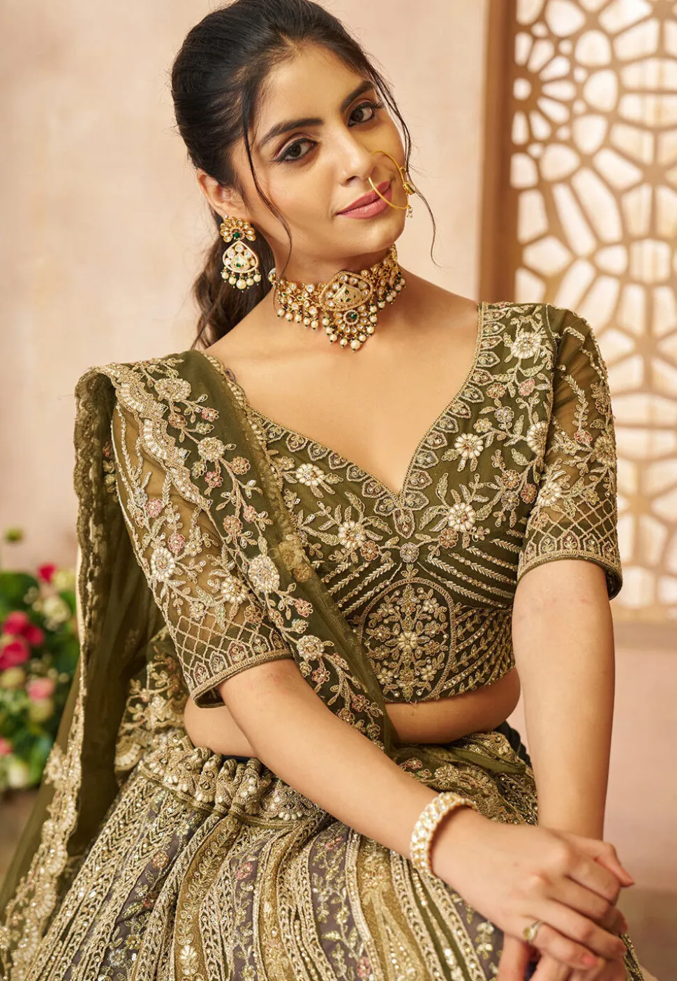 Embroidered Net Lehenga in Olive Green