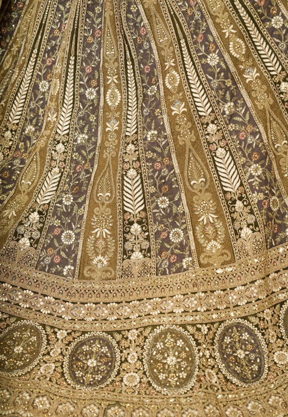 Embroidered Net Lehenga in Olive Green