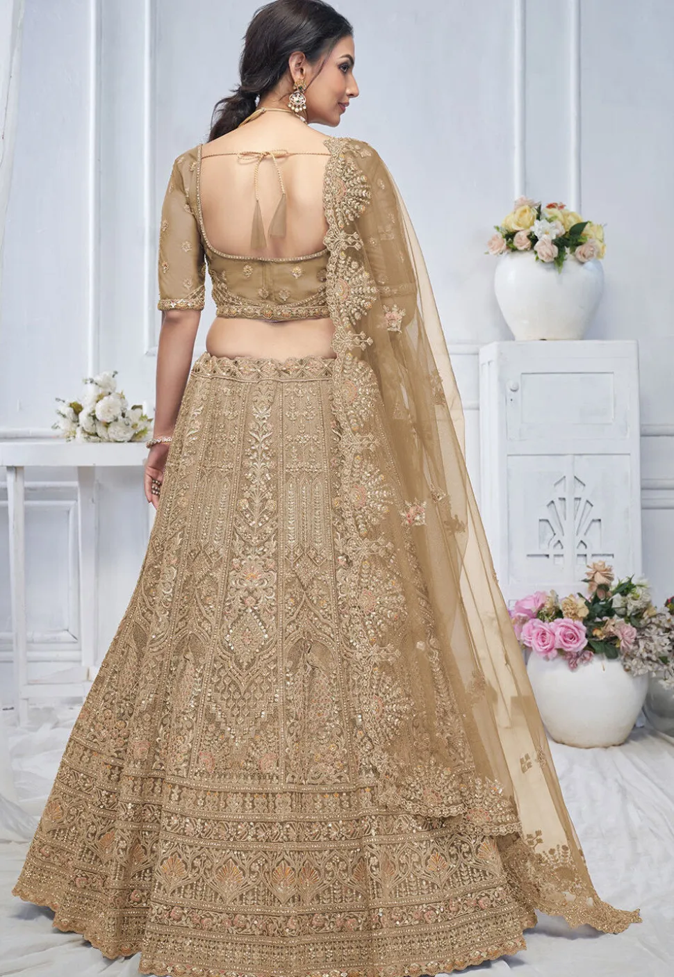 Embroidered Net Lehenga in Light Brown