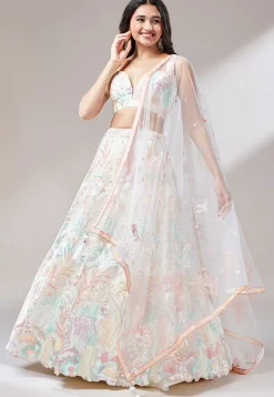 Embroidered Net Lehenga in Off White